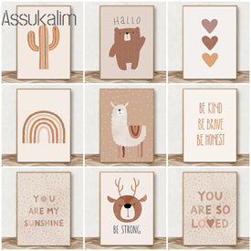 Alpaka-Poster, Regenbogen-Wand-Kunst-Poster, Bär-Kunstdrucke, beige Poster, Wandbild, Kinderzimmer, Leinwandgemälde, Boho-Poster, Kinderzimmer-Dekoration