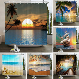 Luce solare Oceano Scenario Tende da doccia Decorazione Tessuto impermeabile Tramonto Crepuscolo Mare Delfino Cowboy Tenda da bagno Tenda da bagno