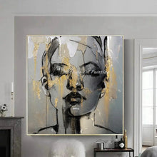 Carica l&#39;immagine nel visualizzatore della Galleria, Mintura Handmade Texture Gold Women Face Oil Paintings on Canva Modern Abstract Wall Art,Picture for Living Room,Home Decoration