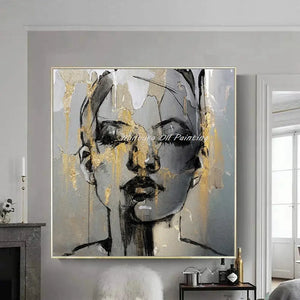 Mintura Handmade Texture Gold Women Face Oil Paintings on Canva Modern Abstract Wall Art,Picture for Living Room,Home Decoration