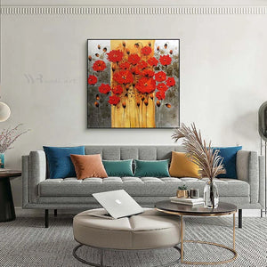 Red Floral Home Decorative Painting Handmade Oil Painting Canvas Wall Art Hanging Picture Modern Abstract Acrylic Texture Mural