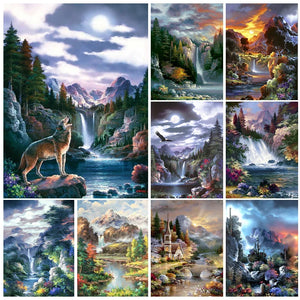 5D DIY Diamond Painting Wolf Waterfall Scenery Embroidery Mosaic Pictures Full Drill Rhinestone Cross Stitch Kit Home Decor Gift