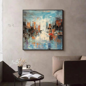 Abstract City Streetscape Wall Art Oil Painting Handmade Canvas Poster Modern Home Decor Picture for Parlor Bedroom Restaurant