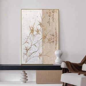 Chinese Decorative Oil Painting Handmade Gold Foil Bamboo Wall Art Canvas Poster for Study Dining Room Porch Bedroom Hotel Mural