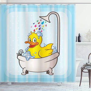 Cortina de ducha de pato, personaje de dibujos animados tomando un baño, gotas coloridas, puntos de fondo, cortinas de baño de tela con ganchos