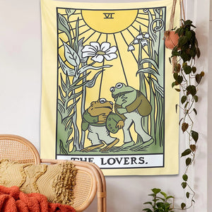 Tapiz psicodélico de Tarot de rana para colgar en la pared, tapices estéticos de la flor del sol de los amantes, tela de decoración de pared del hogar Hippie botánico