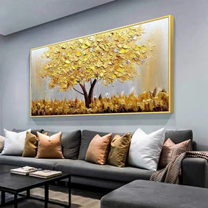 Cuchillo pintado a mano, pintura al óleo de árbol dorado sobre lienzo, paleta grande, pinturas 3D para sala de estar, imágenes artísticas de pared abstractas modernas