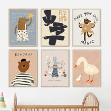 Cargar imagen en el visor de la galería, Scooters divertidos, perro manchado, oso, conejo, pato, cuadro sobre lienzo para pared, carteles nórdicos, impresiones, imágenes para guardería, decoración para habitación de bebés y niños