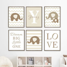 Cargar imagen en el visor de la galería, Nombre personalizado, letra inicial, pintura en lienzo, elefante, animales, bebé, guardería, arte de pared, póster, imágenes, decoración del hogar para habitación de niños y dormitorio