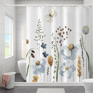 Butterfly Floral Bathroom Curtain Elegant Backleaf Shower Curtain Bathroom Polyester Waterproof Fabric Trim Hooks  Bath Curtain
