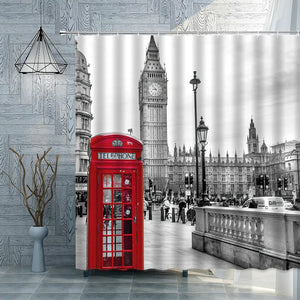 London Big Ben, rote Telefonzelle, Retro-Badezimmer-Duschvorhang, wasserdichter Polyesterstoff, Heimdekoration, Kunst-Badevorhänge