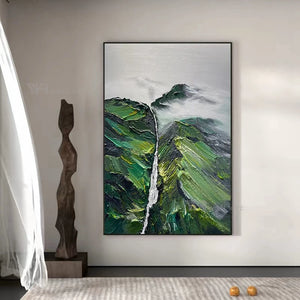 3D Texture Art Canvas Abstract Green Mountain Handmade Oil Painting Wall Decoration Poster Living Room Bedroom Restaurant Mural
