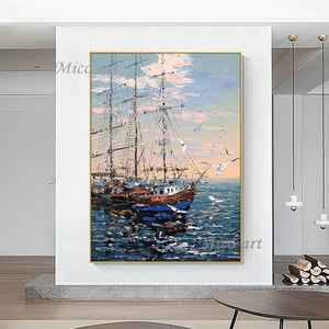 Abstrakte Küstenlandschaft, schwer strukturiert, dickes Ölgemälde, Segelboot, Schiff, Kunst, handgemalt, ungerahmt, Meereslandschaft, Wand-Leinwandkunst