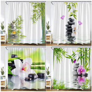 Cortinas de ducha de bambú verde Zen, orquídea púrpura, mariposa, flores, plantas, piedra negra, Spa, paisaje natural, tela, conjunto de decoración para el baño