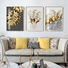 Carica l&#39;immagine nel visualizzatore della Galleria, Nordic Golden abstract leaf fiore Wall Art Canvas Painting Piume bianche nere Stampa poster Immagine da parete per la decorazione del soggiorno