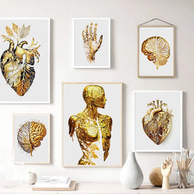 Abstract Organ Anatomy Human Heart Brain Hand Body In Gold Poster Canvas Print Wall Art  Painting Living Room Home Decoration