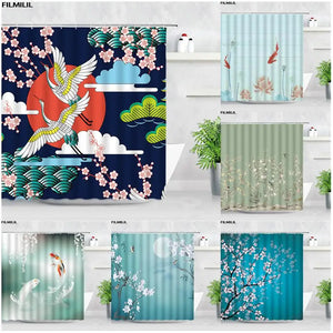 Koi-Blumen-Duschvorhänge, Karpfen-Kranich, rosa Blumenvögel, asiatischer chinesischer Stil, Badvorhang, Polyester-Stoff, Badezimmer-Dekor, Haken