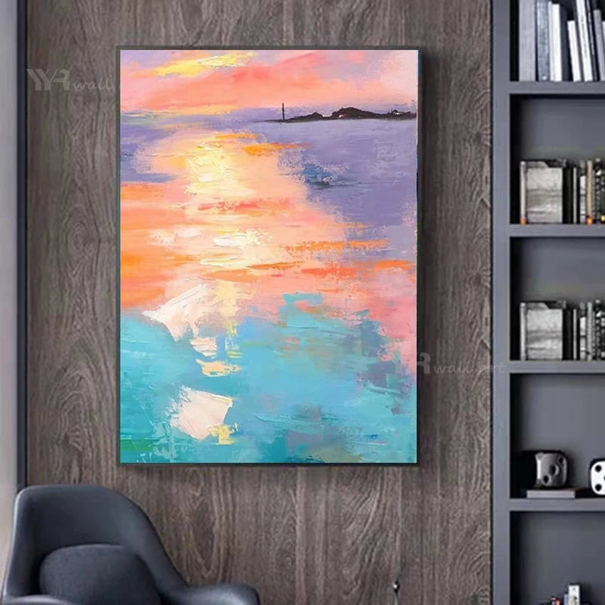 Sea Sunrise Abstract Art Oil Painting Wall Decor Canvas Poster 100% Handmade Image Modern Living Room Porch Hotel Custom Mural