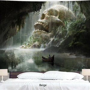 Natural Skull Head Water Spray Waterfall 3D Printing Tapestry Wall Home Decoration Wall Background Cloth(95X73cm/150X100 Cm)