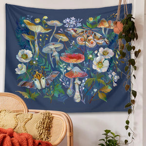 Tapiz de polilla lunar para colgar en la pared, tapices de Mandala de flores y bosques de setas, decoración para dormitorio, colcha, estampado botánico, decoración del hogar