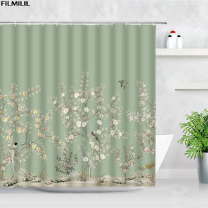 Rideaux de douche à fleurs Koi, grue à carpe, oiseaux floraux roses, Style chinois asiatique, rideau de bain en tissu Polyester, crochets de décoration de salle de bains