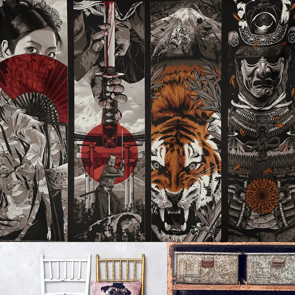 Tapiz de estilo japonés con espada samurái, Geisha, tigre, colgante, gran ola, Luna, decoración atística de pared, tela, alfombra, telón de fondo