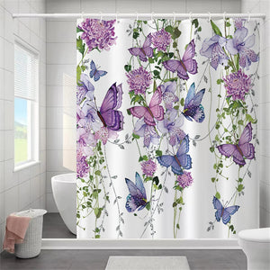 Rideau de salle de bain à fleurs papillon, rideau de douche élégant à feuille arrière, en Polyester, garniture en tissu imperméable, crochets, rideau de bain