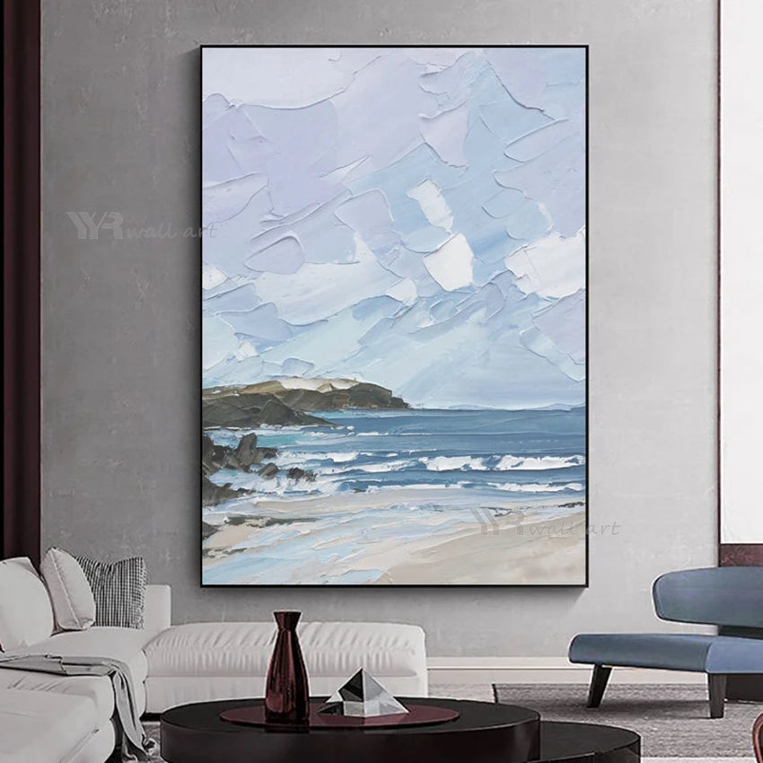 Blue Decorative Drawing Abstract Thick Texture Seascape Image Wall Art Canvas Handmade Oil Painting Living Room Bedroom Porch