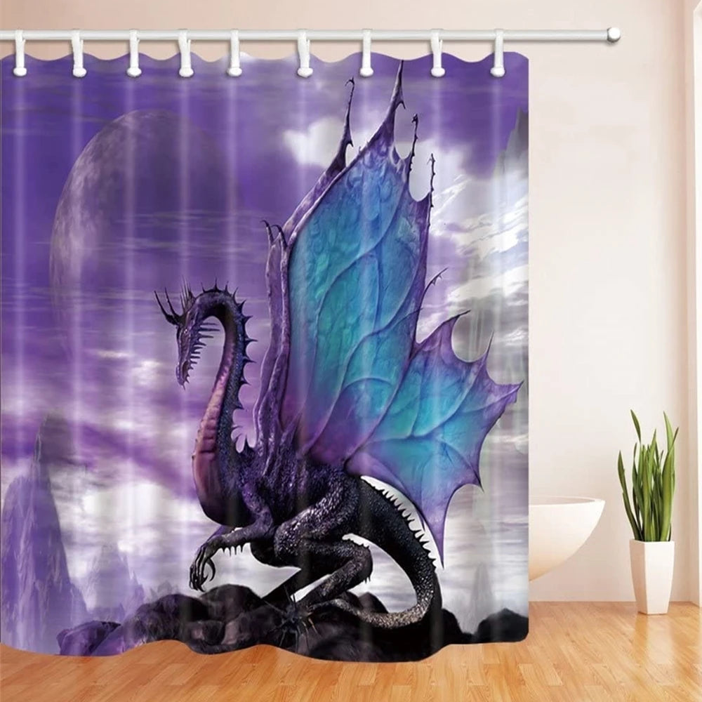 Cortina de ducha de dragón púrpura con tema de fantasía Medieval, animales mágicos, cortina para el baño con tejido de poliéster, juegos de cortinas para ducha de baño