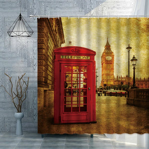 London Big Ben, rote Telefonzelle, Retro-Badezimmer-Duschvorhang, wasserdichter Polyesterstoff, Heimdekoration, Kunst-Badevorhänge
