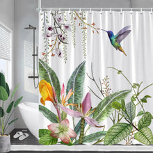 Load image into Gallery viewer, Tropical Plant Shower Curtains Palm Leaf Pink Flowers Hummingbirds Green Leaves Bath Curtain Fabric Bathroom Decor with Hooks