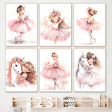 Carica l&#39;immagine nel visualizzatore della Galleria, Pink Girl Unicorn Ballerina Butterfly Nursery Wall Art Canvas Painting Nordic Poster e stampe Immagini Baby Kids Room Decor