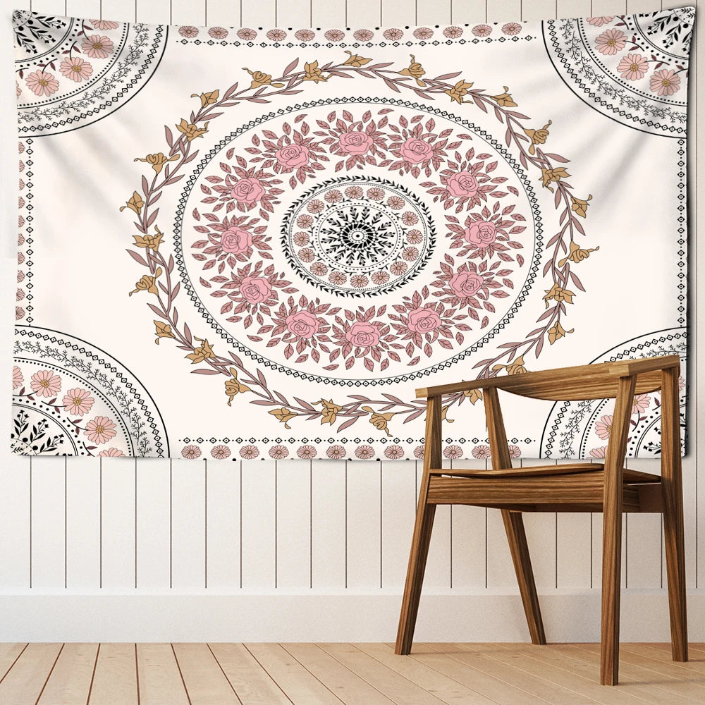 Pink Flowers Mandala Tapestry Wall Hanging Bohemian Hippie Aesthetics Room Art Home Decor Background Cloth