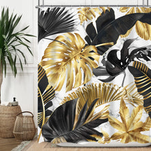 Cargar imagen en el visor de la galería, Cortina de ducha Tropical hawaiana verde, oro verde, planta con hojas tropicales, cortina de baño, conjunto de cortina de baño de jungla botánica