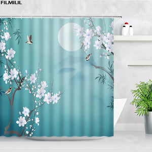 Koi-Blumen-Duschvorhänge, Karpfen-Kranich, rosa Blumenvögel, asiatischer chinesischer Stil, Badvorhang, Polyester-Stoff, Badezimmer-Dekor, Haken