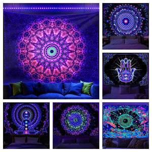 Schwarzlicht-Mandala-Wandteppich, Bohemian-Hippie-Raumdekoration, ästhetischer UV-reaktiver Yoga-Meditations-Wandbehang für Schlafzimmer