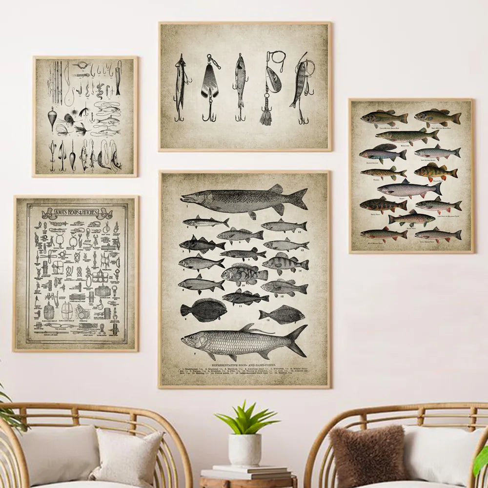 Póster Artístico en lienzo para pared de pesca con caña, pintura de razas de peces, imagen de pared de peces de agua dulce, regalo de pescador, decoración de cueva para hombre
