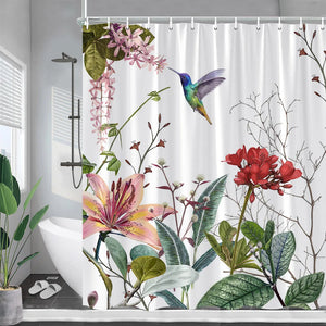 Занавески для душа с тропическими растениями, пальмовые листья, розовые цветы, колибри, зеленые листья, занавеска для ванной, ткань, декор для ванной комнаты с крючками
