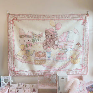 anime Cute bear Background Cloth Room Decor Kawaii Pink Tapestry Teen Room Decor Posters and Prints Garden Posters for Outside