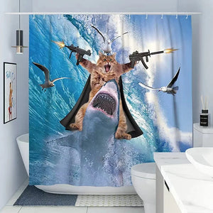 Cortina de ducha divertida, lindo gato marino, montar, tiburón, ballena, animales de dibujos animados, creatividad, decoración de baño para niños, ganchos de tela de poliéster