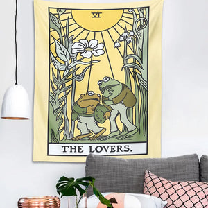 Tapiz psicodélico de Tarot de rana para colgar en la pared, tapices estéticos de la flor del sol de los amantes, tela de decoración de pared del hogar Hippie botánico