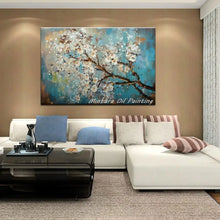 Cargar imagen en el visor de la galería, Pintado a mano textura gruesa árbol de flores azul pintura al óleo moderna sobre lienzo, carteles de arte Pop imagen de pared sala de estar, decoración del hogar