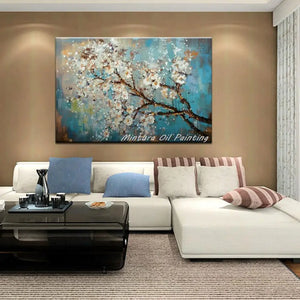 Pintado a mano textura gruesa árbol de flores azul pintura al óleo moderna sobre lienzo, carteles de arte Pop imagen de pared sala de estar, decoración del hogar