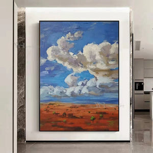 Vertical Landscape Painting Abstract Handmade Canvas Oil Painting Modern Minimalist Blue Sky White Clouds Wall Decor Art Poster