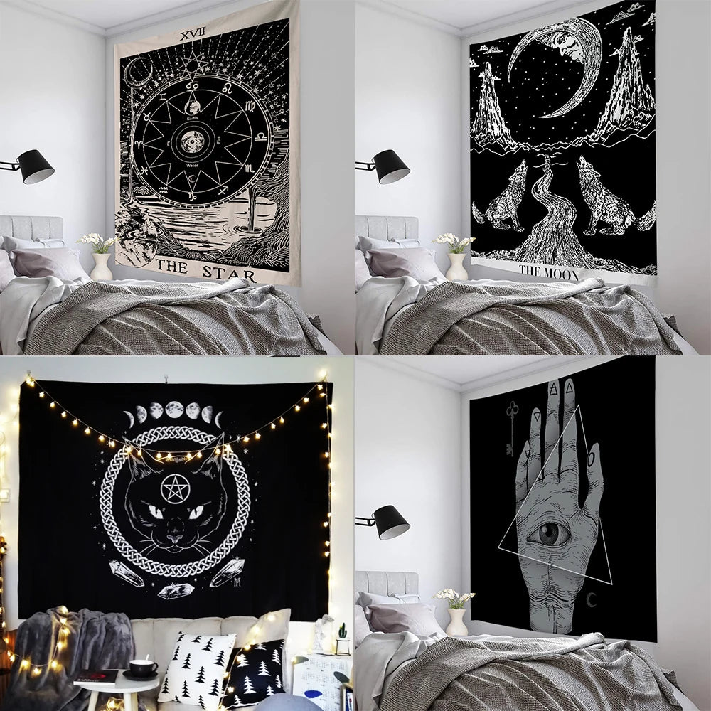 Tapiz de Tarot sol y astrología, manta de brujería, tapiz de mandala indio, colgante de pared, brujería hippie psicodélica