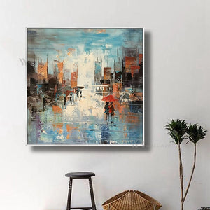 Abstract City Streetscape Wall Art Oil Painting Handmade Canvas Poster Modern Home Decor Picture for Parlor Bedroom Restaurant