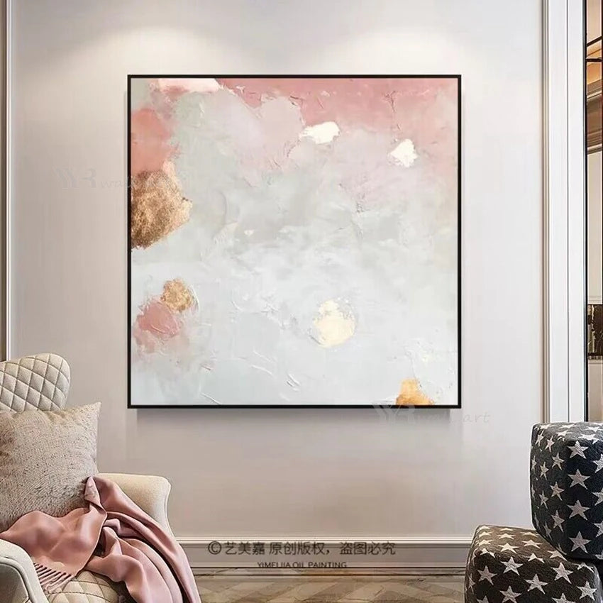 Nordic Modern Hand Painted Abstract Pink And Gold Foil Oil Painting On Canvas For Indoor Decor Wall Art Poster For Gift Bedroom