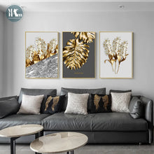 Carica l&#39;immagine nel visualizzatore della Galleria, Nordic Golden abstract leaf fiore Wall Art Canvas Painting Piume bianche nere Stampa poster Immagine da parete per la decorazione del soggiorno