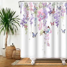 Cargar imagen en el visor de la galería, Cortina de ducha con hojas verdes, planta, flor, mariposa, Animal salvaje, tela impermeable, cortina de baño, accesorios de decoración para el baño