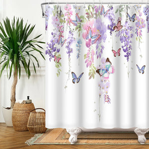 Green Leaves Plant Flower Butterfly Shower Curtain Wild Animal Waterproof Fabric Bath Curtain Bathroom Accessorie Decor